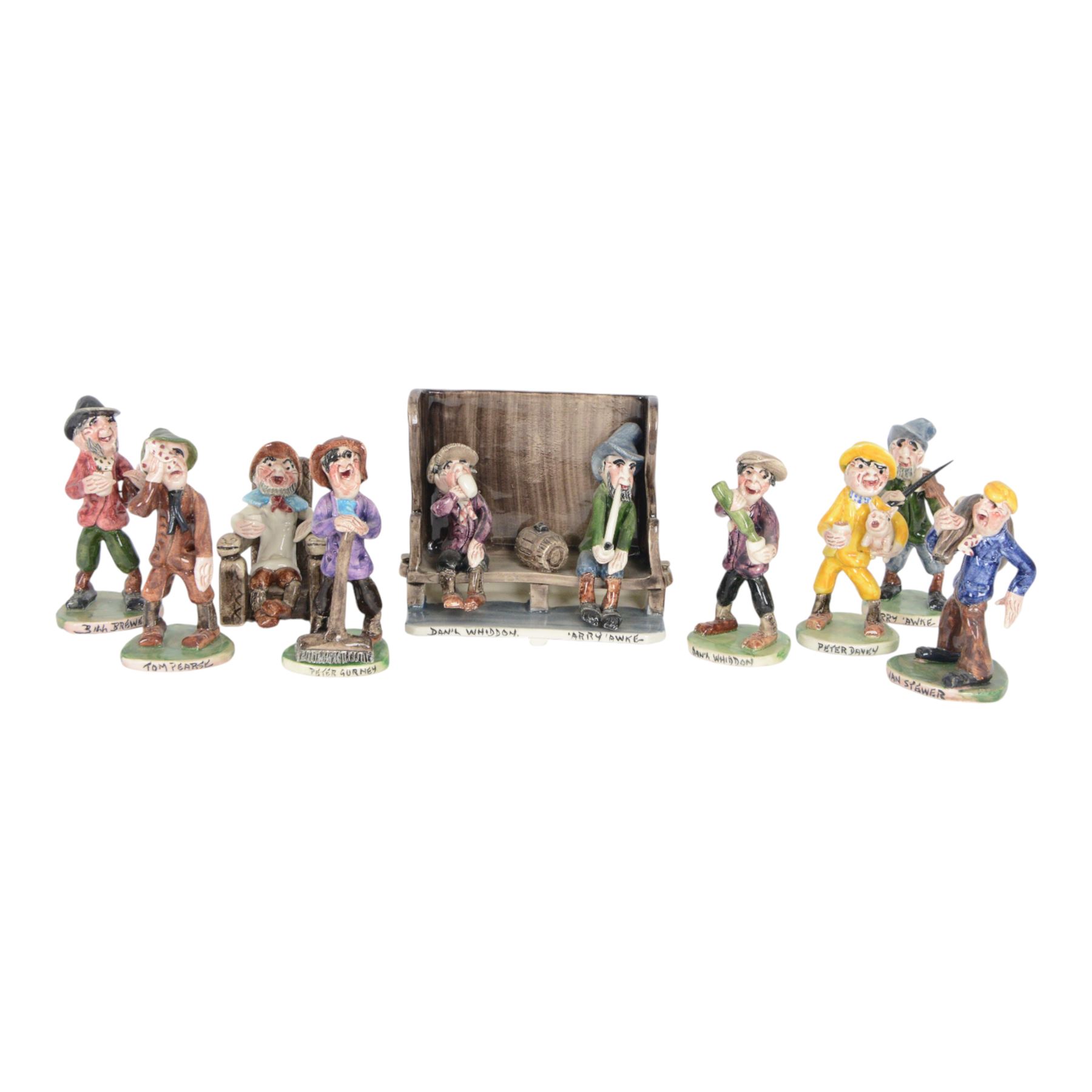 Ten Will Young studio pottery 'Widecombe Fair' figures, including Danil Whiddon and Arry Awke on bench, Peter Gurney, Bill Brewer, Peter Davey, Old Uncle Tom Cobley, Tom Pearse, Arry Wake, Danil Whiddon and Jan  Stewer, all with signatures to base, H10cm