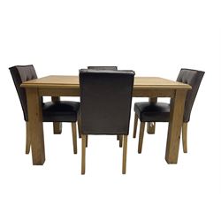 Light oak rectangular dining table, together with four dining chairs upholstered in brown 