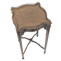 Late 19th century Chippendale style mahogany kettle stand, serpentine square top with pierced brass gallery and blind fret carved drawer, the slender bell flower carved tapering supports with pierced corner brackets curved stretcher with spade feet, W33.5cm, D33.5cm, H68cm  