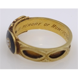  15ct gold diamond, seed pearl and enamel mourning ring  hallmarked c.1914  