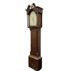 Late 18th century oak 8-day longcase clock, with a swan necked pediment and brass paterie, 
break arch hood door flanked by detached reeded pilasters, trunk with recessed quarter pillars and a long flat topped door, on a square plinth with canted corners, early painted dial with Arabic numerals and floral decoration to the arch and spandrels, with stamped brass hands and date recorder, weight driven two train movement with baluster movement pillars and an internal countwheel strike (bell missing). With pendulum and weights.  No makers name.