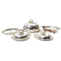 Pair of silver plated oval entree dishes and covers with bead edge and shell moulded borde...