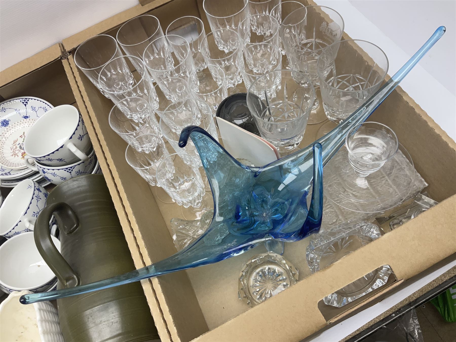 Masons and Furnival Denmark pattern blue and white tea wares, together with a Royal Worcester trinket box, Leedsware bowl and other ceramics and glassware, in four boxes