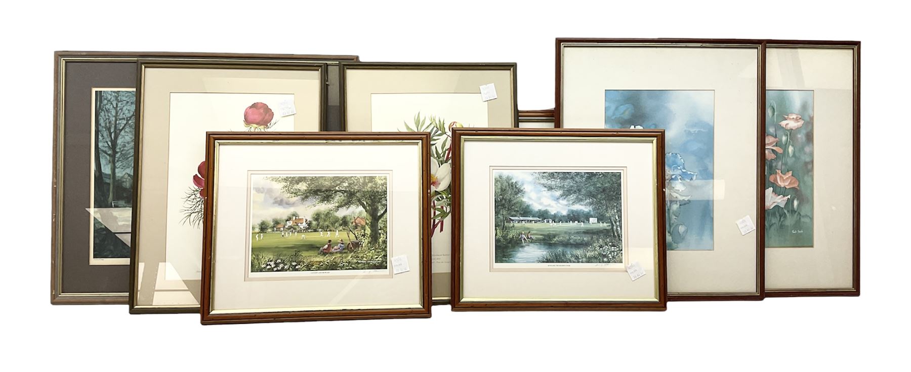 After Terry Harrison (20th century): Landscapes and Cricket, three colour prints signed in pencil together with four prints of flowers and one other max 45cm x 34cm (8)