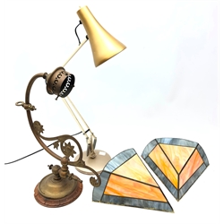  Pair Art Deco style leaded glass wall lights of tapered form, vintage Anglepoise lamp and a cast brass wall light of scroll form (4)  