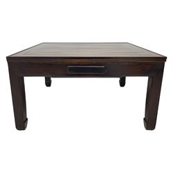 Fine 19th century Chinese Qing dynasty hmong wood mahjong or coffee table, Ming design, square top with raised moulded lip, each side fitted with small drawer, on square supports with hoof feet