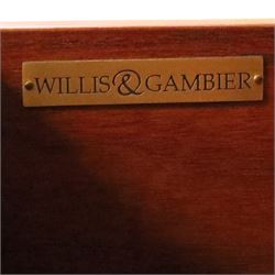 Willis & Gambier - mahogany tall chest, rectangular chamfered top, with frieze drawer with blue baize lining, over six graduating drawers with black pulls, raised on bracket feet