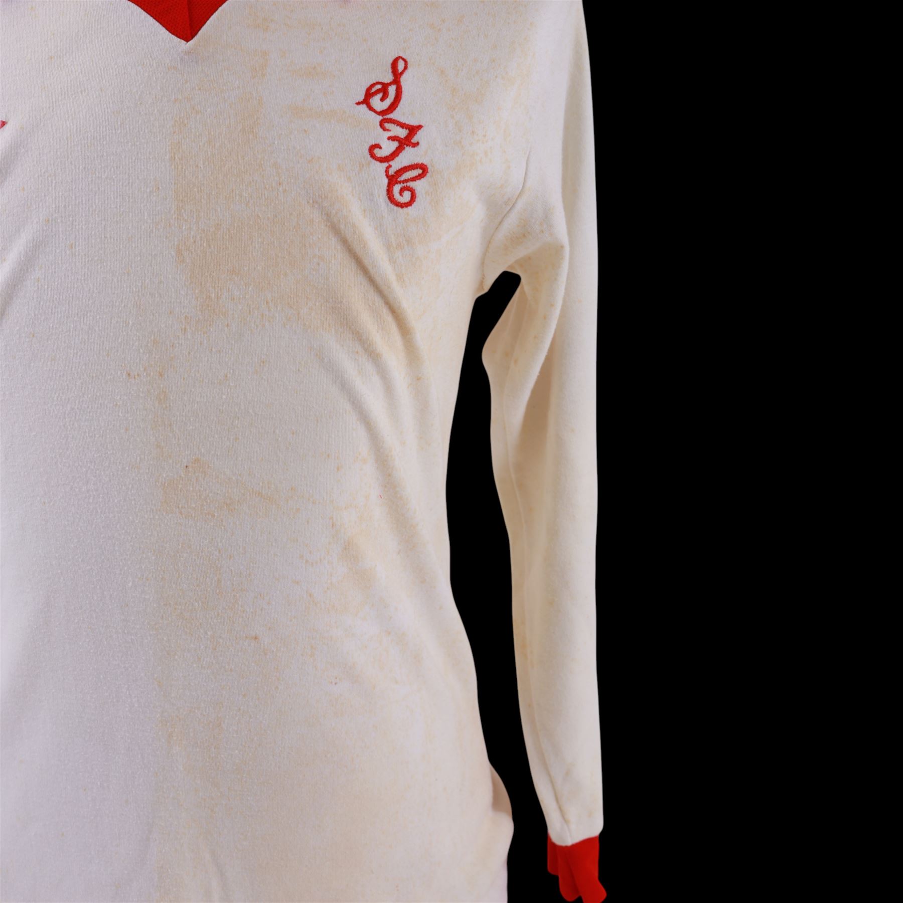 1960s Scarborough FC long sleeved football shirt, all white with red cuffs and collar, red umbro logo, stitched red SFC logo and red number 13 to back, with Umbro International label inside collar
