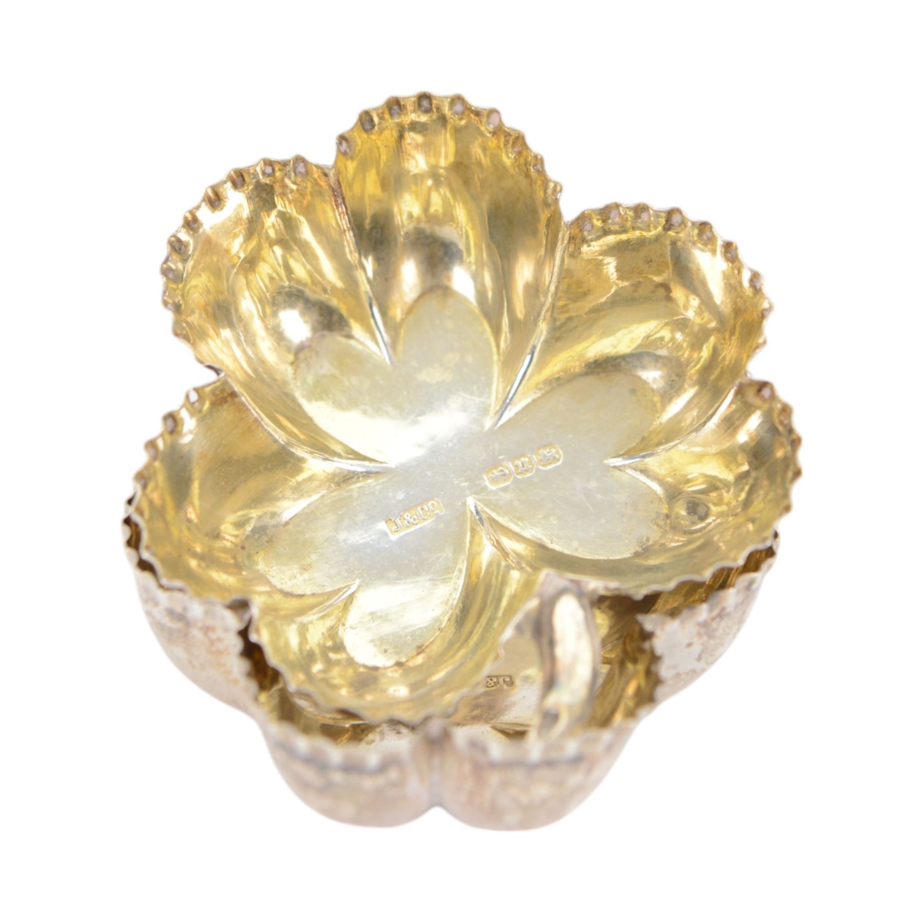 Pair of Victorian silver open salts, of trefoil shamrock form with crimped rims and gilt interiors, hallmarked Joseph Jennens & Co, Birmingham, H2cm, L5cm