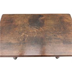 Early 19th century mahogany side table, moulded rectangular top over single frieze drawer, on two shaped end supports joined by turned stretcher, sledge platforms on turned feet