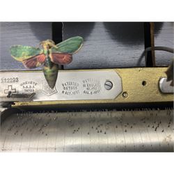 Swiss - 19th-century cylinder music box with three butterfly bells in sight, in a mahogany case with two separately boxed  6” cylinders, glazed viewing lid, 41 tooth comb (one tooth broken) crank key missing, movement untested.