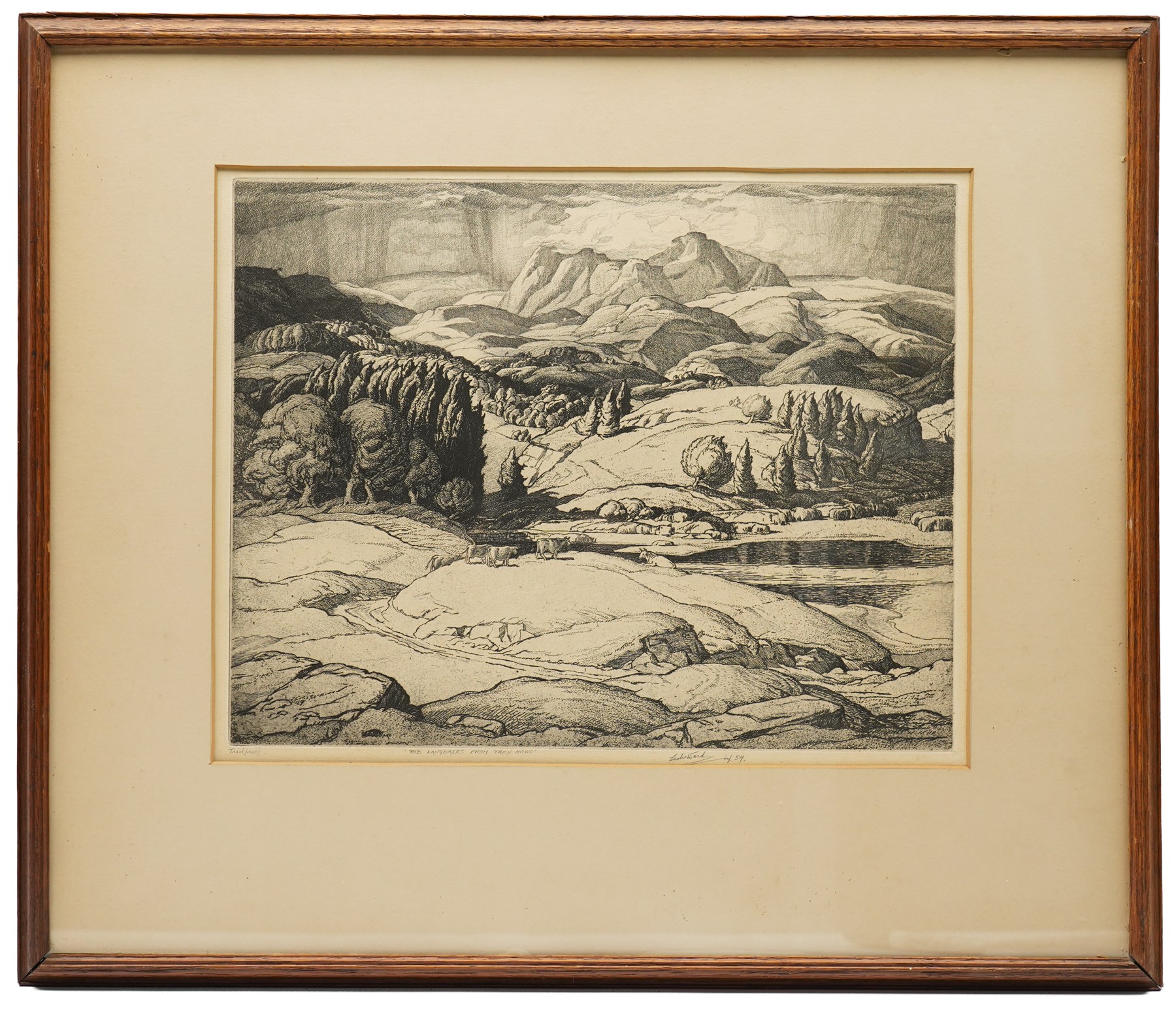 Philip Leslie Moffat Ward (British 1888-1978): 'The Langdales from Tarn Hows', monochrome etching signed titled and dated '54 in pencil 27.5cm x 35cm