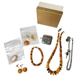 Amber type beads and earrings, silver Albert chain, silver vesta case  and a 9ct gold cameo brooch