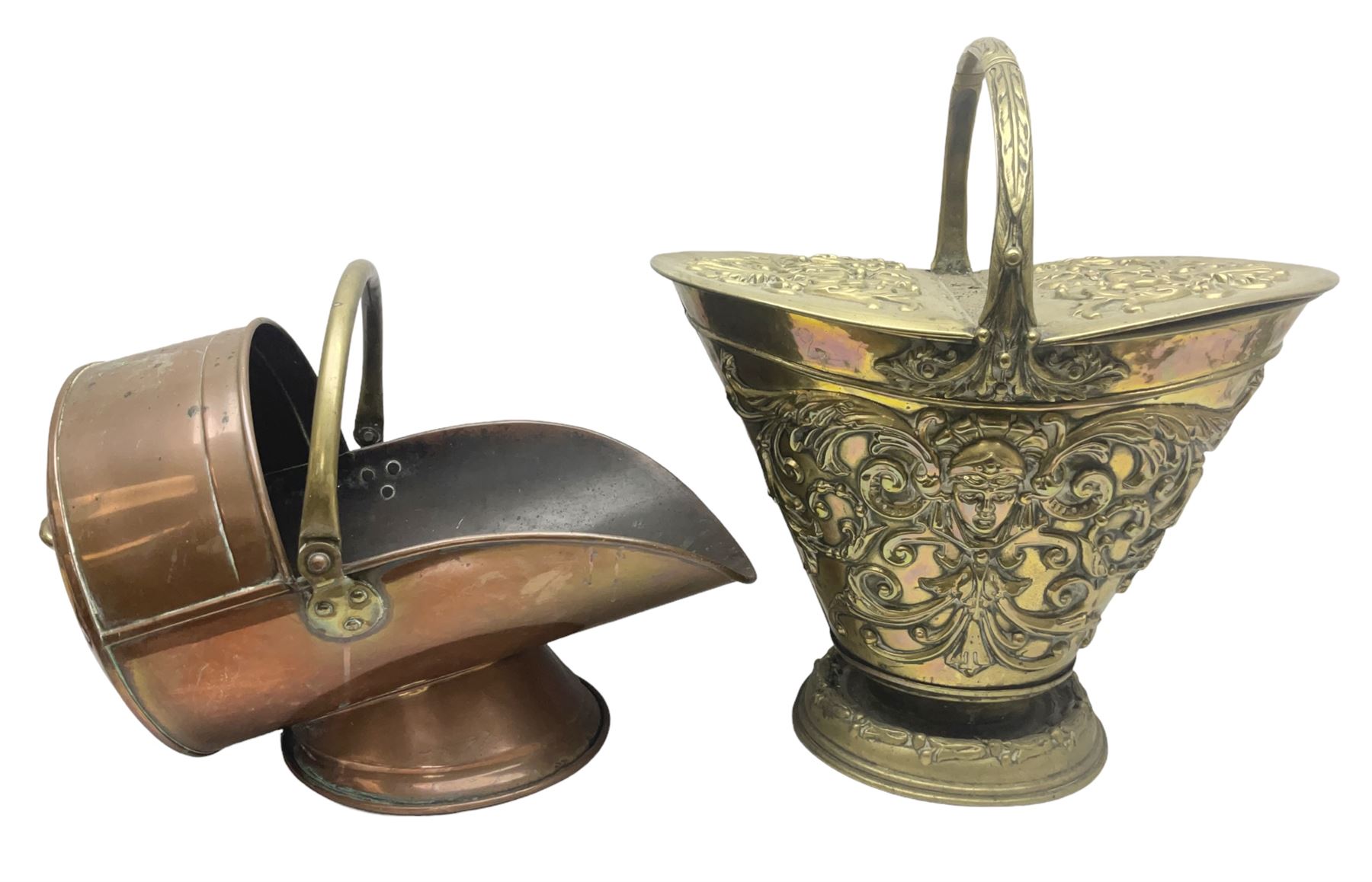 Victorian Benham & Froud Arts and Crafts brass coal scuttle, with Victorian diamond registration mark, together with a copper and brass scuttle of helmet form, tallest H50cm