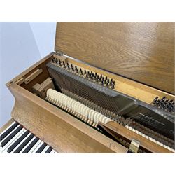 Louis Zwicki - mid-20th century oak cased compact piano, fitted with a folding music rest and full keyboard, dual brass pedals