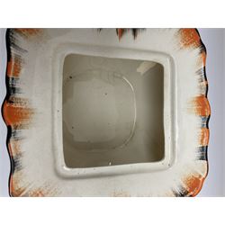 Two Royal Crown Derby pattern Imari soup bowls, pattern 2451, Belleek Fermanagh Ireland four piece set in green shamrock pattern, Royal Doulton small lady figure, Marie HN1370, large Wedgwood fruit bowl, Sylvac jardiniere in autumn leaves pattern, five pieces Co-operative Society commemorative ceramics, with selection of other ceramics. 