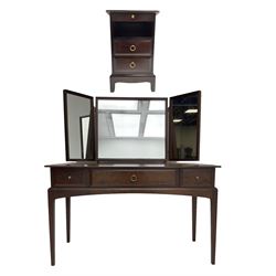 Stag Minstrel mahogany dressing table, raised triple mirror back over three drawers (W120cm, H127cm, D50cm); and a matching bedside cupboard (W40cm, H65cm, D31cm)