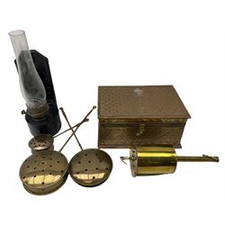 Salters Economical clockwork spit jack roaster, together with a wall mounted oil lamp, wooden box with brass mounted pieced pattern and three small graduating bed pans 