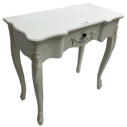 French design white painted console table, shaped top, fitted with single drawer with applied swag decoration, raised on cabriole supports decorated with foliate mouldings