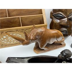 Collection of carved wooden items, to include mask, animals, stationary box etc 