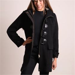 Burberry Brit - black wool duffle coat, with hood, leather toggle fastenings, flap pockets...