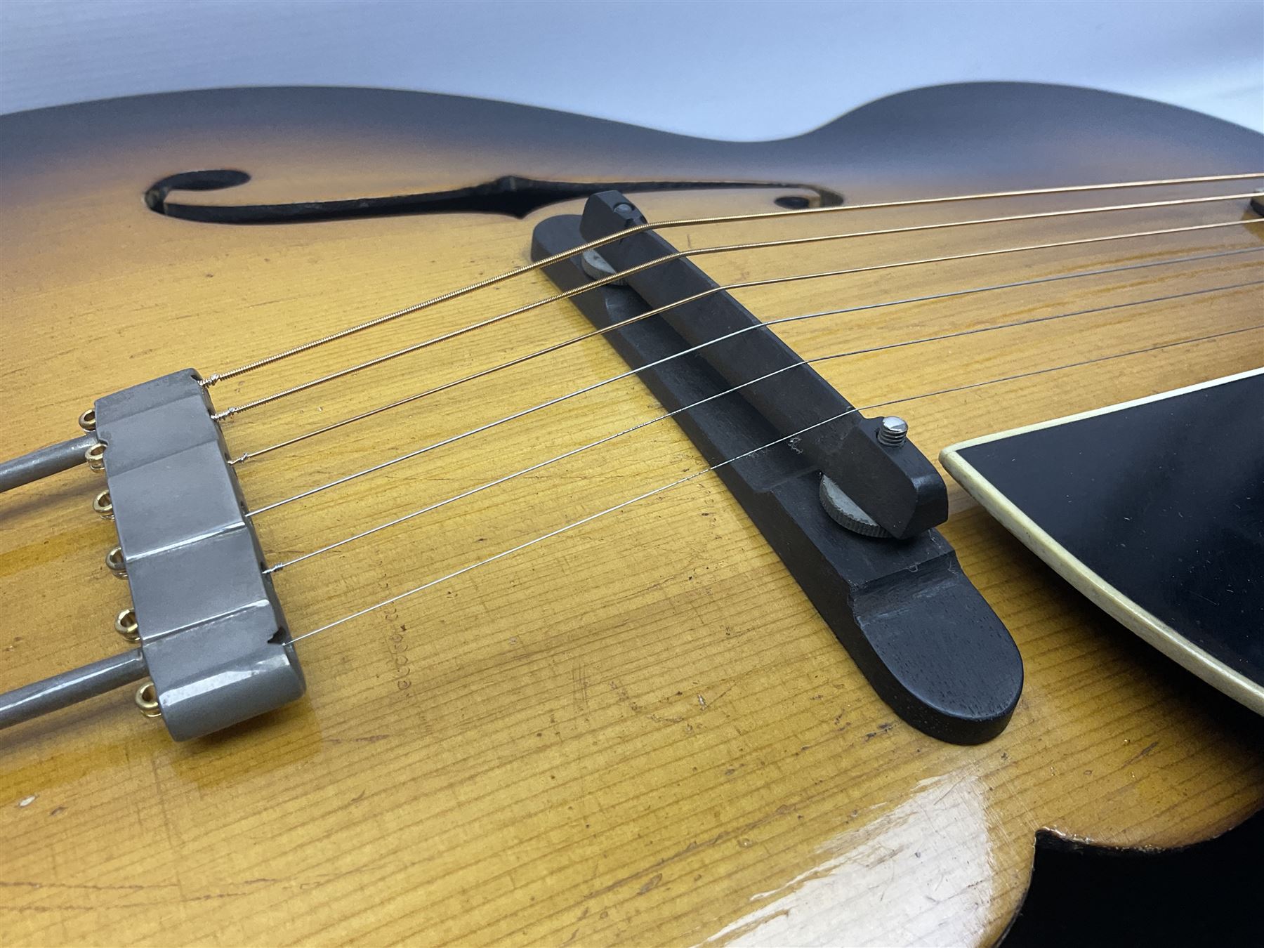 Clifford Essex Paragon De Luxe handmade acoustic guitar c1936 with tobacco sunburst finish and original machines; serial no.501 with original guarantee card L108.5cm; in original case