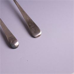 Two George III Old English pattern silver spoons, each engraved with arm and hammer crest to terminal, both hallmarked