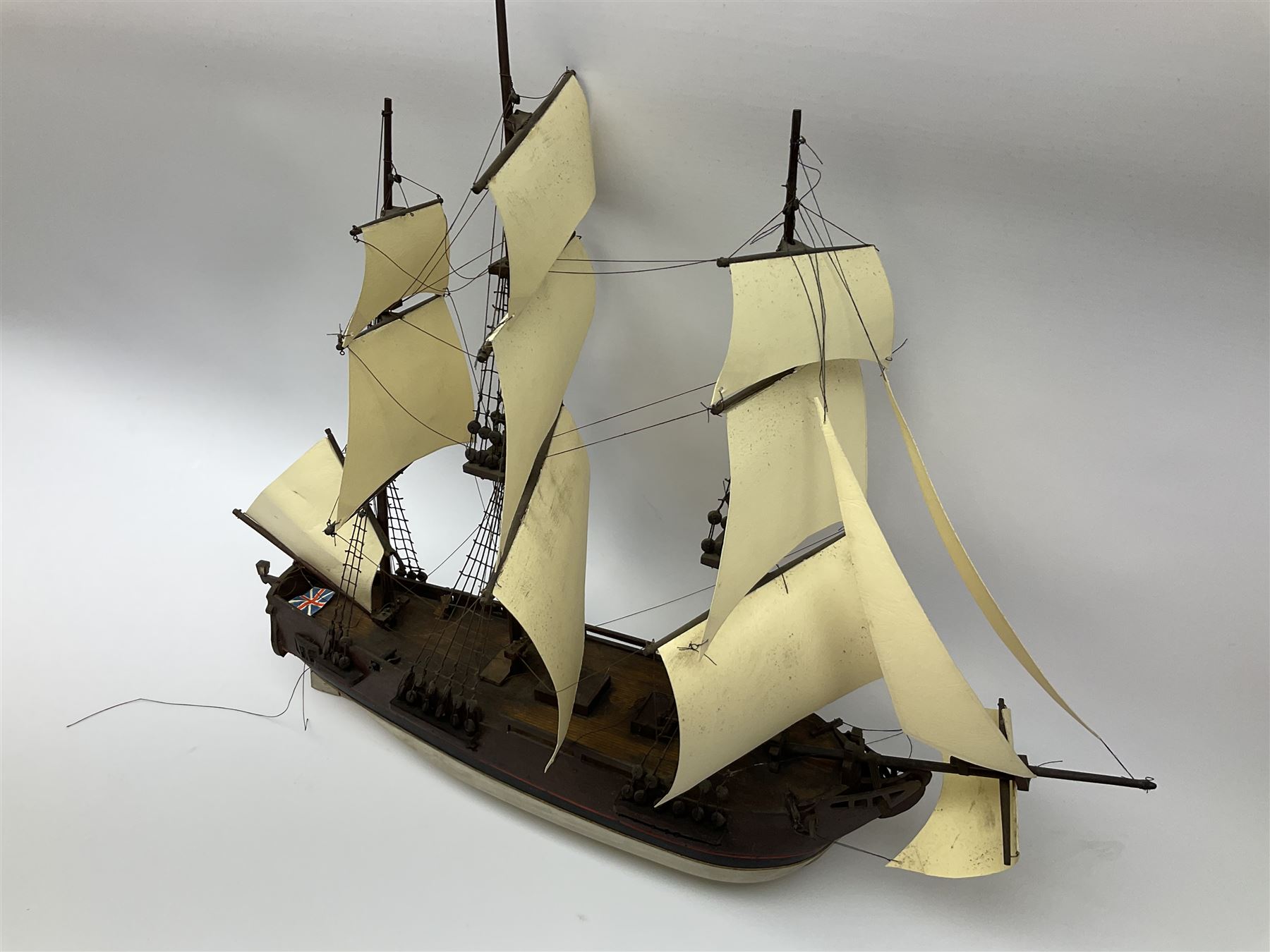 Late 19th, early 20th century, scratch built model of a three masted sailing ship with rigging, H50cm 