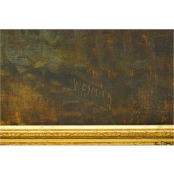 W E Smith (Continental 20th century): Dutch Windmills on the Riverside, oil on canvas signed 60cm x 90cm