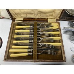 Mid 20th century cigarette box in the form of a gondola, the faux tortoiseshell with mother of pearl inlay (a/f), cased mantel clock with silvered numerical dial, oak lidded tea jar caddy, oak box, silver-plate cutlery, quantity of records, Smith's empire miniature clock, stamps etc