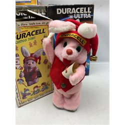 Collection of battery operated Duracell Bunny advertising figures, comprising two limited edition France 98 World Cup football bunnies, racing bunny, football bunny, two globetrotter bunny, fireman bunny and Christmas bunny, all boxed