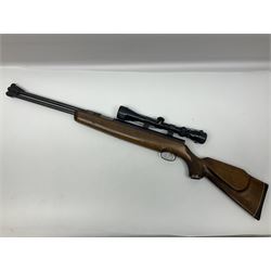 Weihrauch model HW 77 K  .22 air rifle with under lever action, beech stock with chequered pistol grip and Tasco WA39x40-1 scope, serial no.1283661 L102cm overall NB: AGE RESTRICTIONS APPLY TO THE PURCHASE OF THIS LOT