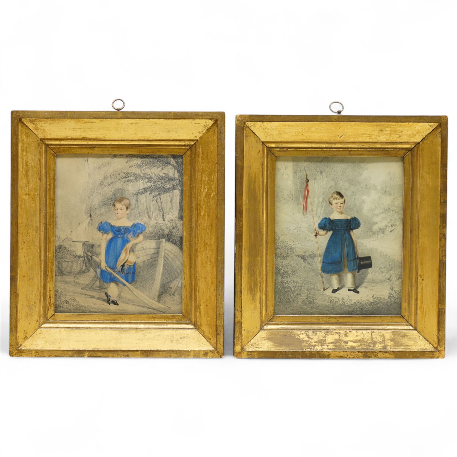 Horace Beevor Love (British 1800-1838): Full Length Portrait of Boys Wearing Blue Dresses with Nautical and Patriotic Motifs, pair of pencil drawings with watercolour, one signed and dated 1831, 25cm x 20cm (2)
Notes: until the age of breeching (5 to 7), it was customary for boys to be dressed in gowns similar to those worn by girls. Practical and symbolic it reflected the innocence of early childhood and was a mark of gentility rather than gender distinction.