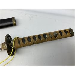 Three reproduction swords - Japanese katana and saya; Tai Chi sword with ornate scabbard; and dress sword with fullered triangular blade and horn handle (3)