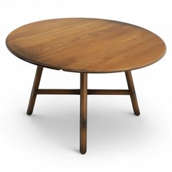 Ercol - dark elm drop leaf oval table, on square supports united by cross stretcher