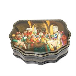 Modern  Russian lacquer box decorated with a Winter landscape, another in the form of a Troika, another lacquer box and a lacquer egg.