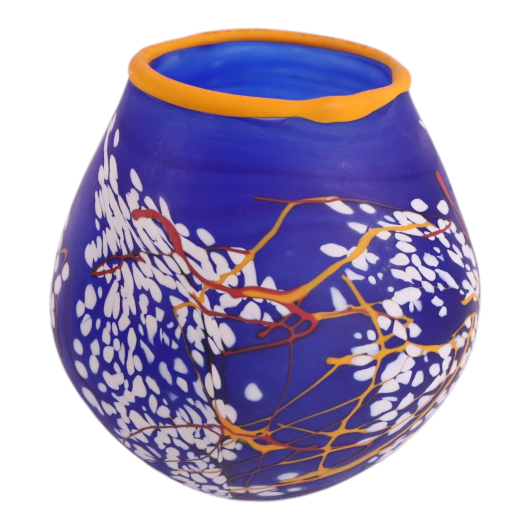 Art glass vases, of squat form with elongated neck, decorated with waves, together with another vase and a glass tray, largest H17cm