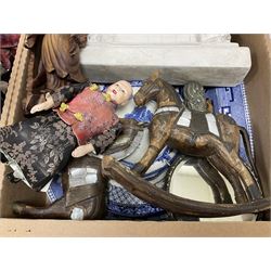 Collection of oriental dolls, cork display in glass case, carved wooden horse, blue and white tureen, other blue and white ceramics and a mantel clock etc, in two boxes 