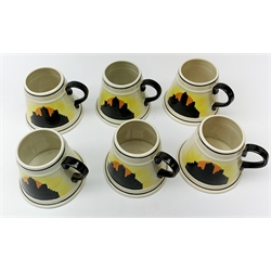A Carlton Ware Art Deco style coffee set, decorated in the 'Manhatton Sunset' pattern, comprising coffee pot, milk jug, open sucrier, and six coffee cans, all of tapering form, coffee pot H26.5cm. 