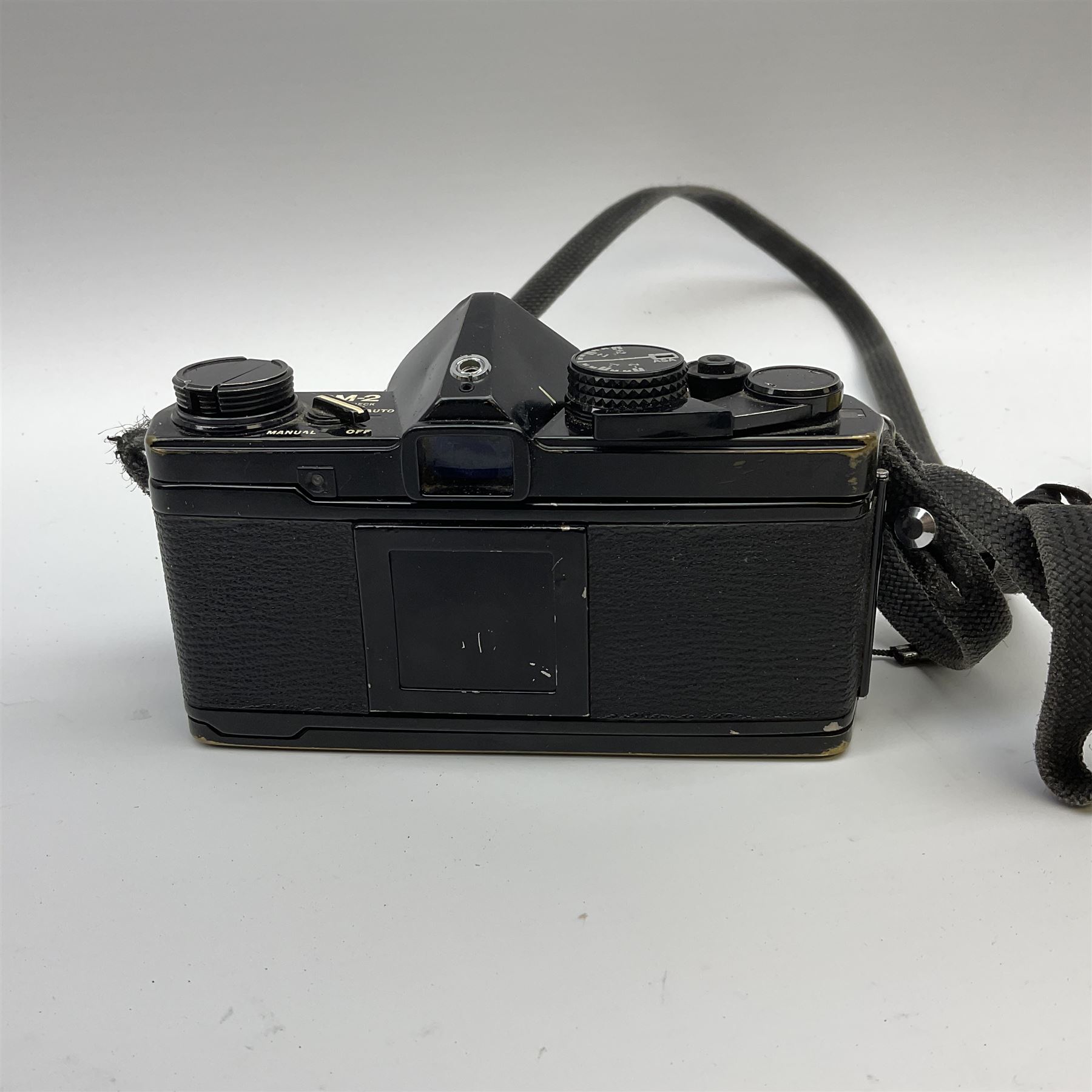 Olympus OM2 camera, 'no.264258', fitted with Olympus 'OM System G.Zuiko Auto-W 1:2.8 f35mm' lens and two other lenses, in a carry case