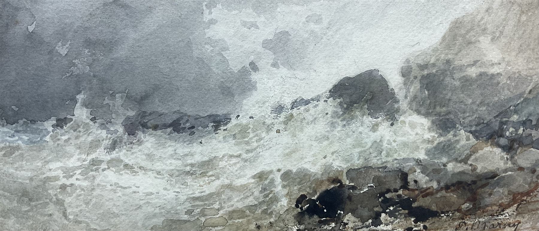 Paul Marny (French/British 1829-1914): 'Filey Brigg', watercolour signed, titled and dated 1879 on mount 12cm x 27cm 