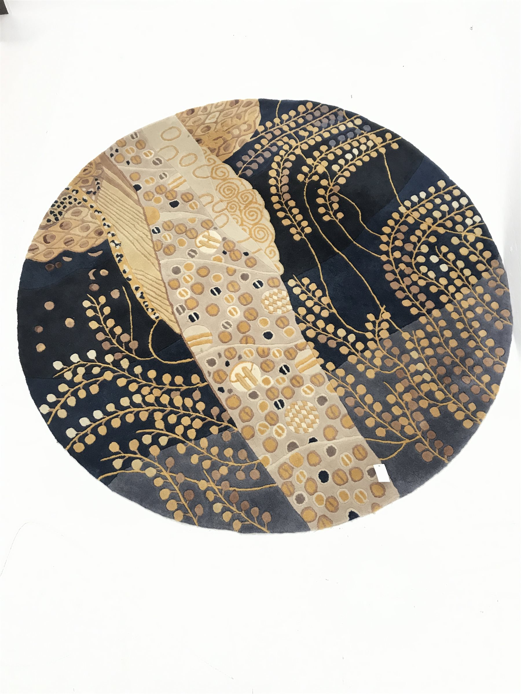 Circular Art Deco style blue and beige ground rug, D174cm The