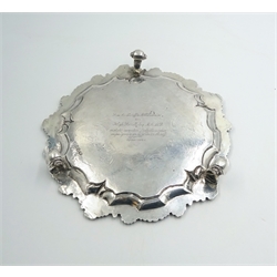  George III silver waiter with crest and cast acanthus  border on three scroll feet, London 1786, D19.5cm, approx 13oz  