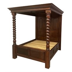 17th century style walnut 5' four poster bed, fielded panels, barley twist end posts, dentil cornice