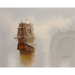  Sailing Vessel Moored off the Coast, 20th century oil on canvas indistinctly signed 49cm x 59cm and Cottage in a Rural Mountainous Landscape, oil on canvas signed Ponticelli 48cm x 68cm (2)  