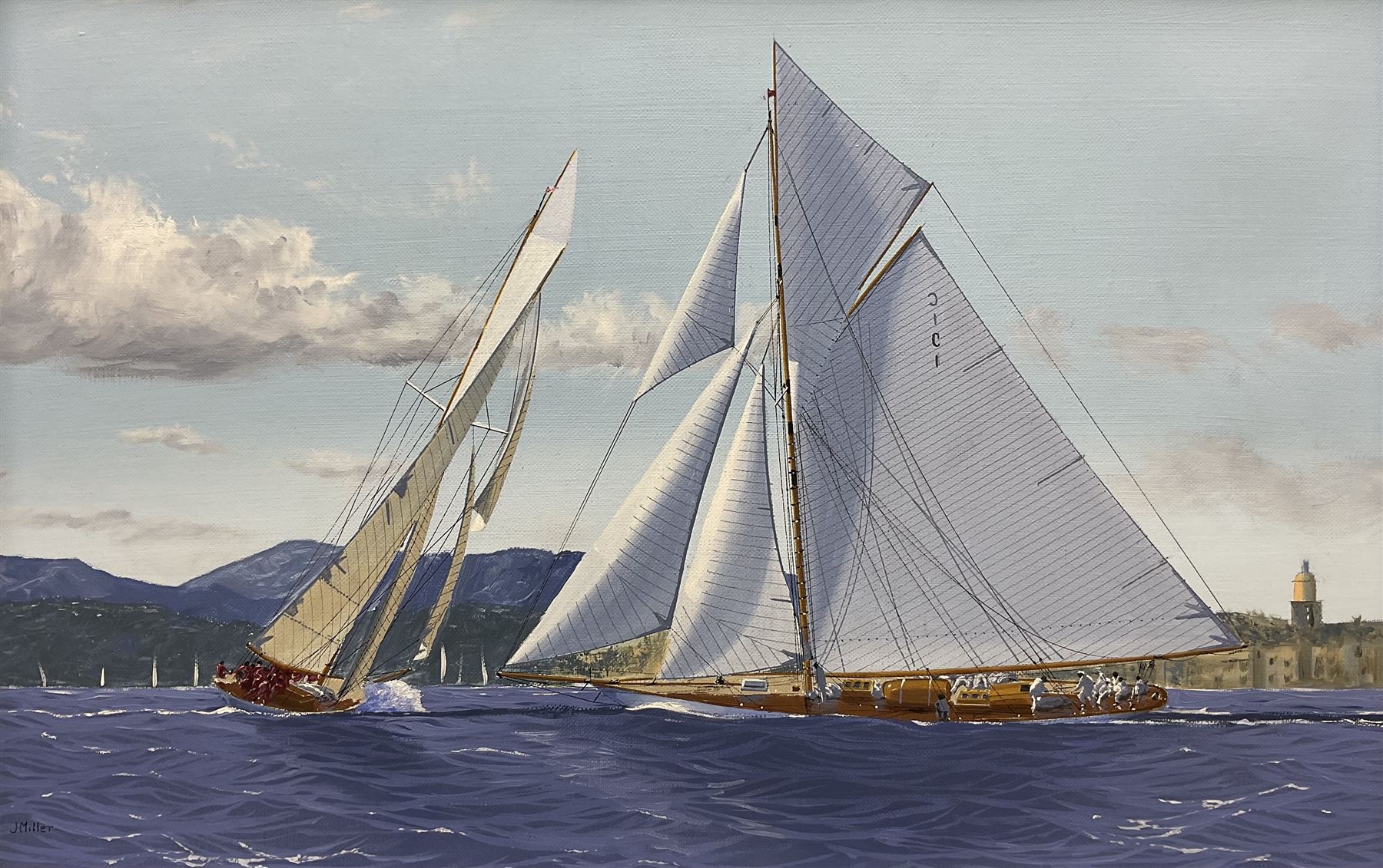 James Miller (British 1962-): 'Tuiga and Mariquita off Saint-Tropez', oil on canvas signed, titled verso 28cm x 42cm