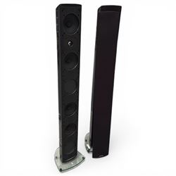 pair of 'Definitive' speakers on glass stands, speakers H120cm