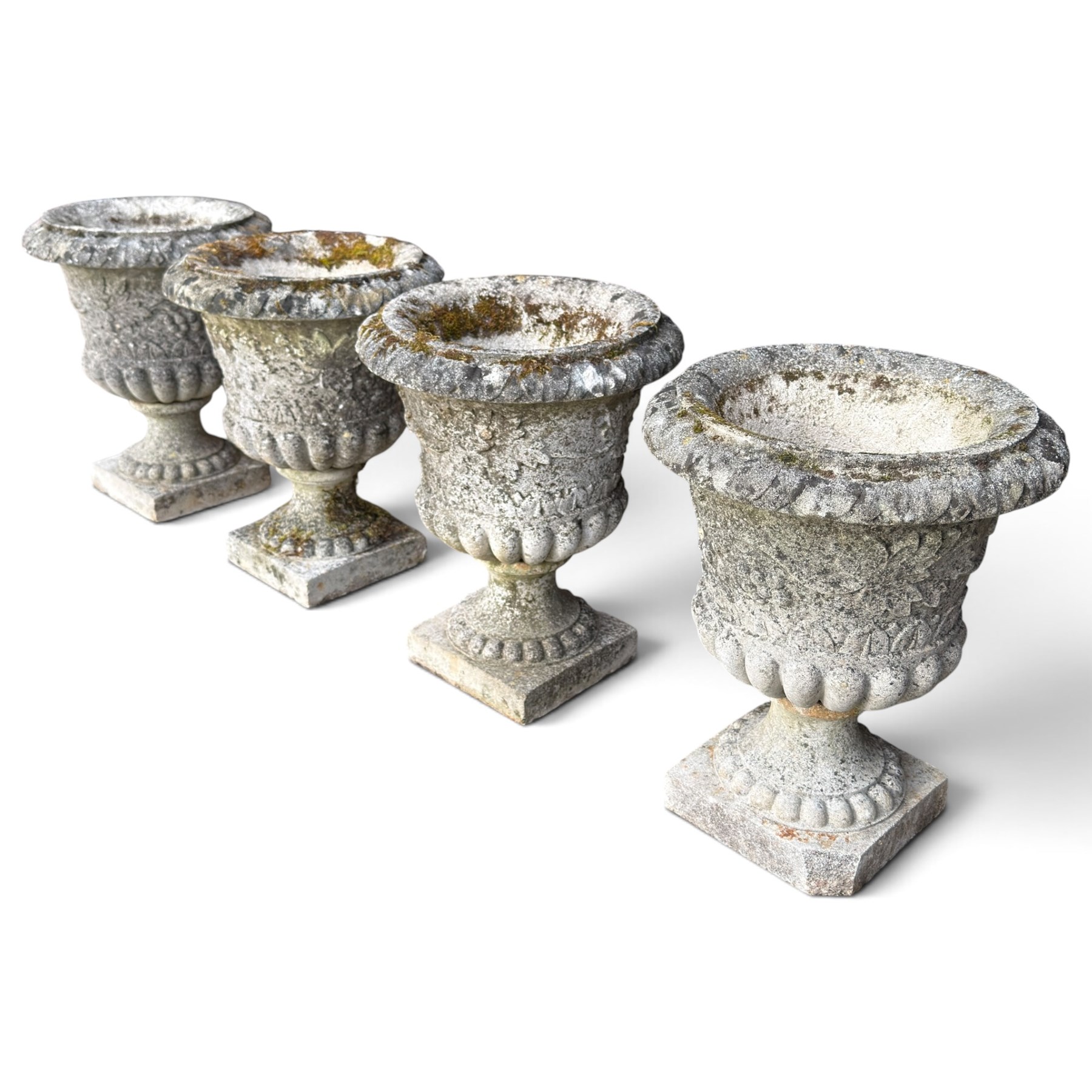 Set of four weathered composite stone urns of campana form, the everted leaf-moulded rolled rim over a body decorated with scrolling fruiting grapevines in relief, over a gadrooned underbelly and waisted socle, lobed collar on square base