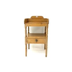 Victorian pine washstand, raised shaped back, turned supports joined by solid under tier, single drawer