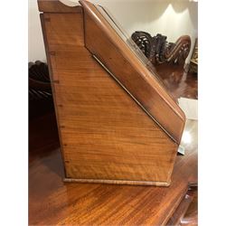 19th century burr walnut correspondence box, the sloped front opening to reveal a fitted interior with perpetual calendar, letter racks, and pen tray between two inkwell recesses, above a pull out draw with recessed brass handle, H41cm L40.5cm D28.5cm